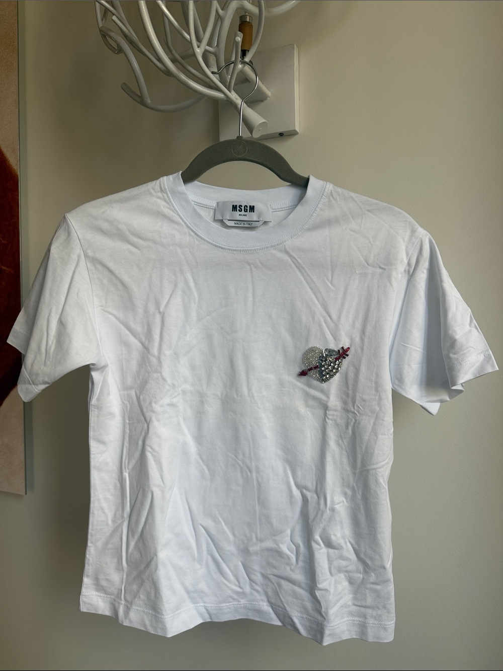 MSGM White Crewneck T-Shirt with Embellished Heart Detail - never worn